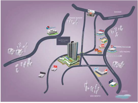 Imagem artística de mapa mostrando localidades, ruas e pontos de comércio com o Luxemburgo ao centro